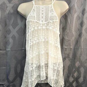 Flared Off-White Sheer Laced Crochet Accented Sleeveless Top with Flared Sides